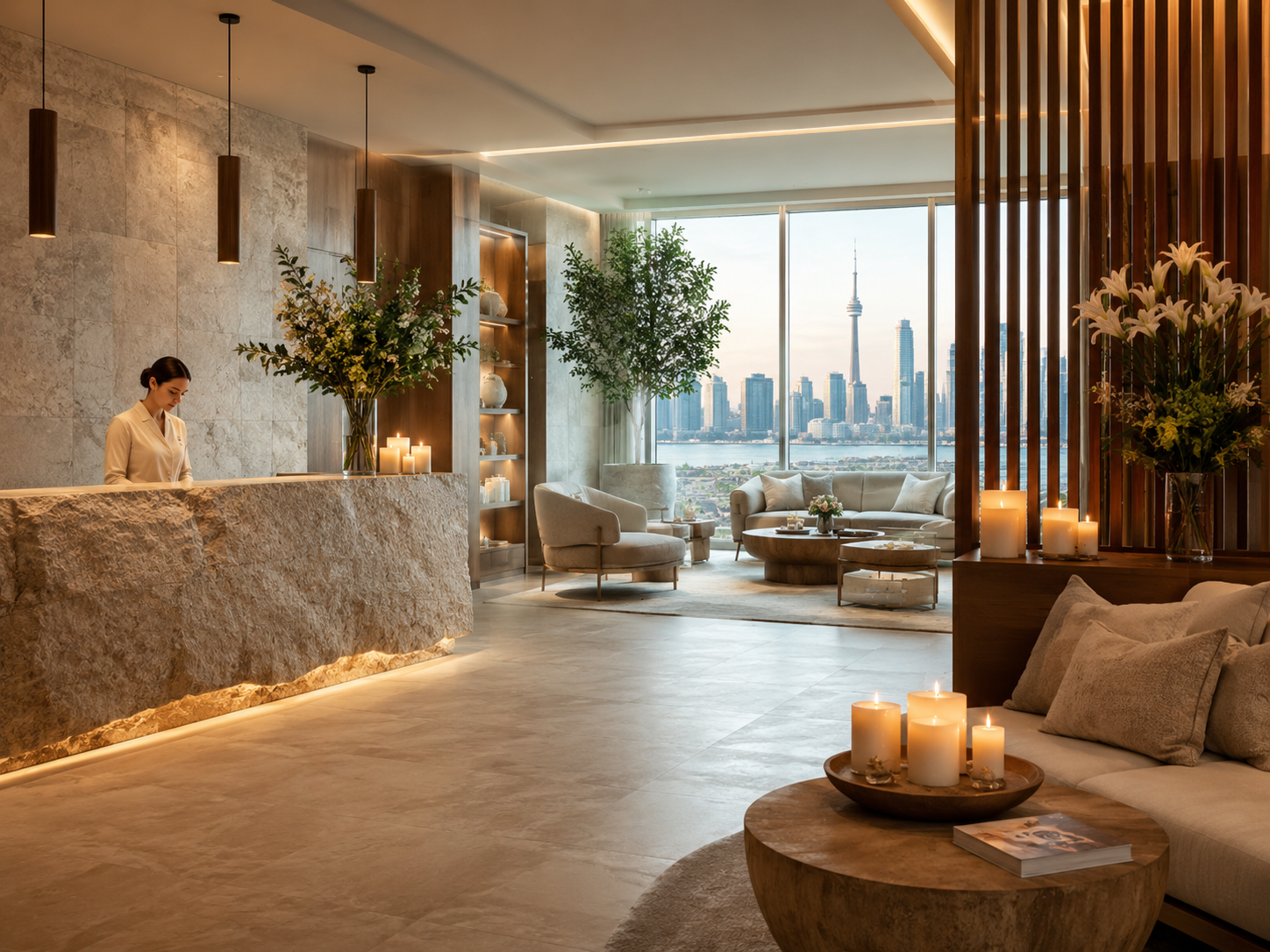 Elegant Toronto spa lobby with skyline view