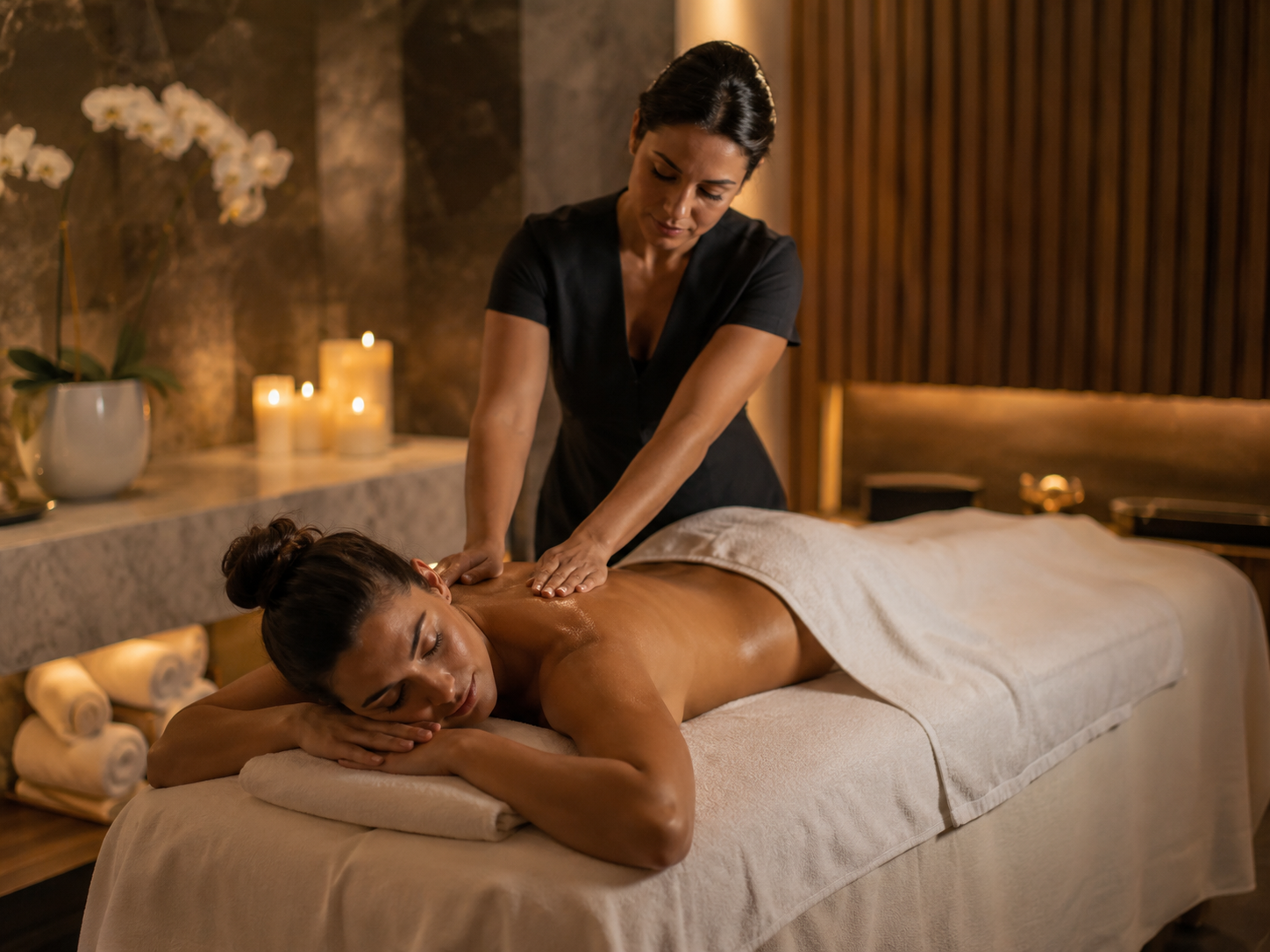 Luxury spa massage treatment in a warm candlelit room